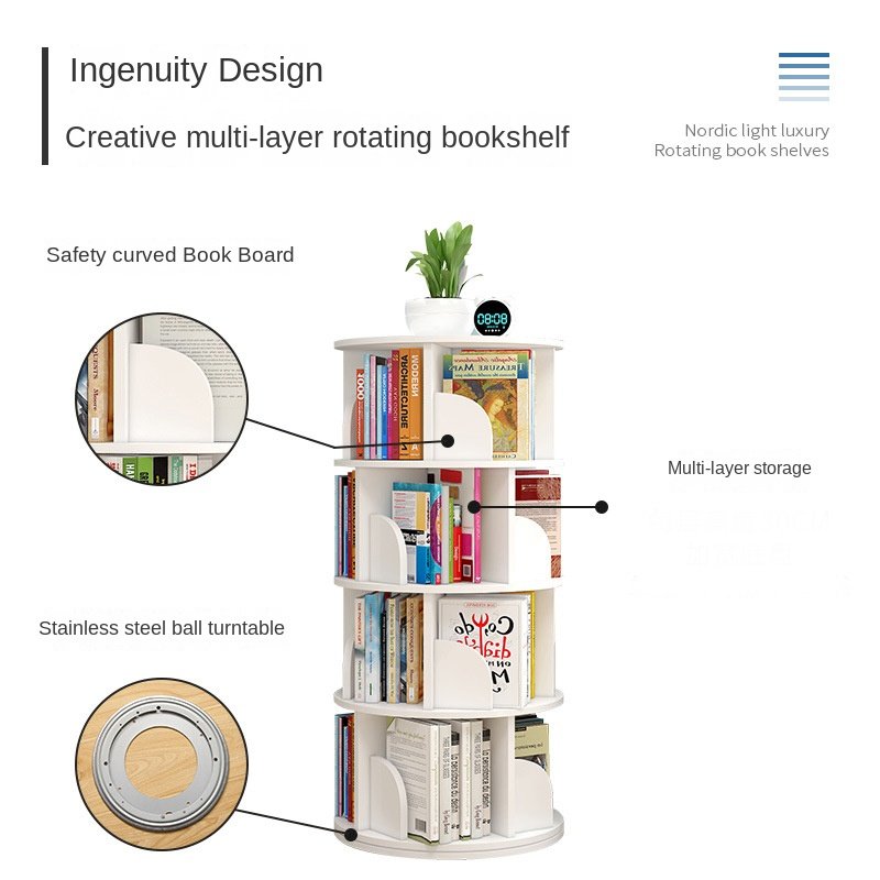 Factory Wholesale 5 Tier Level Book Storage Shelf Stand Creative Floor 360 Rotating Wooden Bookshelf For Kids Home Use