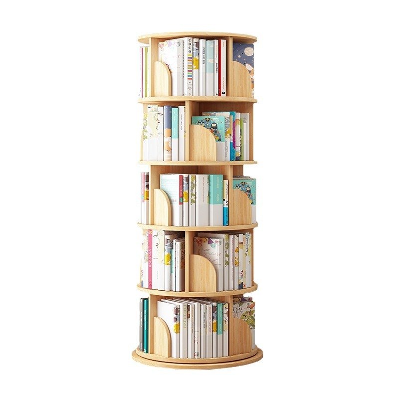 Factory Wholesale 5 Tier Level Book Storage Shelf Stand Creative Floor 360 Rotating Wooden Bookshelf For Kids Home Use