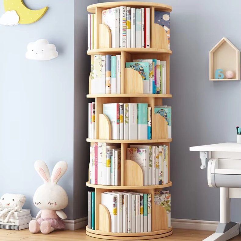 Factory Wholesale 5 Tier Level Book Storage Shelf Stand Creative Floor 360 Rotating Wooden Bookshelf For Kids Home Use
