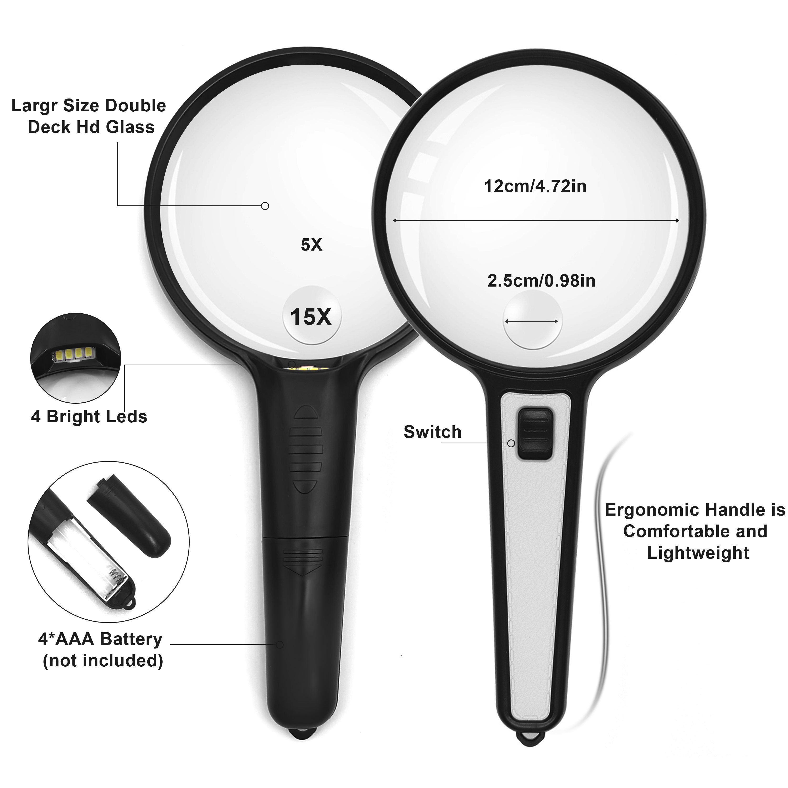 lighted magnifying glass Handheld 5X/15X Large Led Magnifiers for Seniors Reading Books Medicine Bottle Small Font