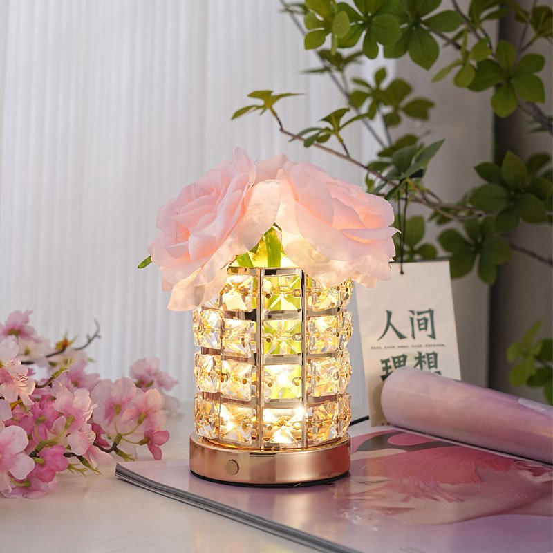 Creative Nordic Flower luxury LED Rose Crystal table lamps home decor Rechargeable Touch Lamp USB night lights for Bedroom