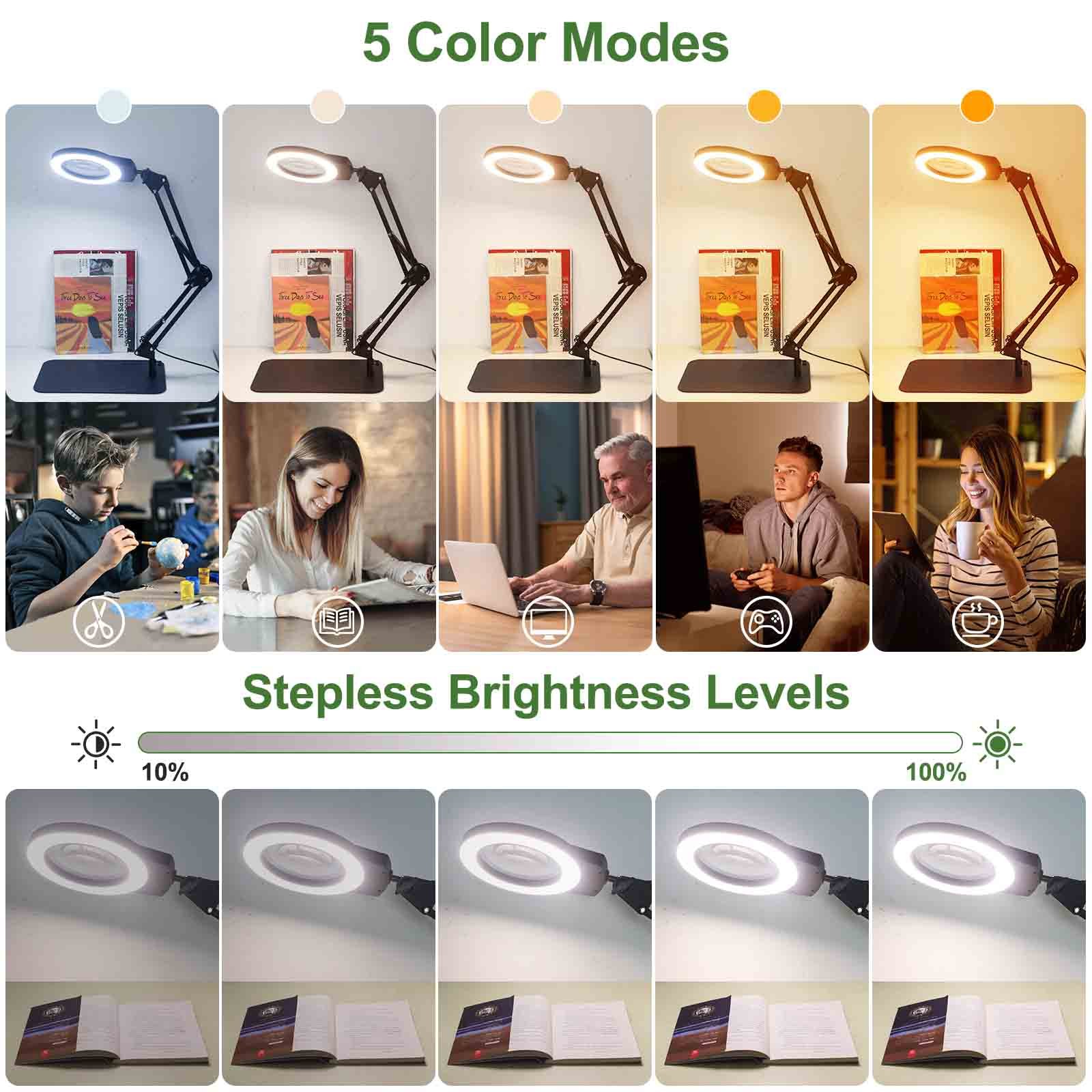 5X LED Magnifying Lamp 1300 Lumens Stepless Dimmable 5 Color Modes Magnifier Desk lamp 5-Diopter 4.3in Real Glass Lens Magnifier