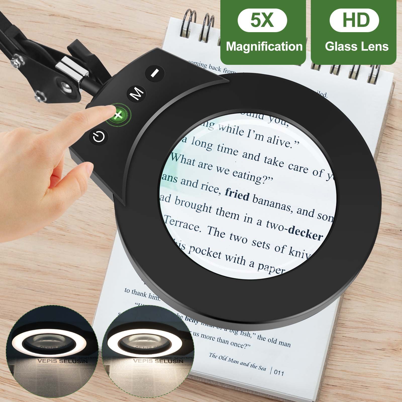 5X LED Magnifying Lamp 1300 Lumens Stepless Dimmable 5 Color Modes Magnifier Desk lamp 5-Diopter 4.3in Real Glass Lens Magnifier