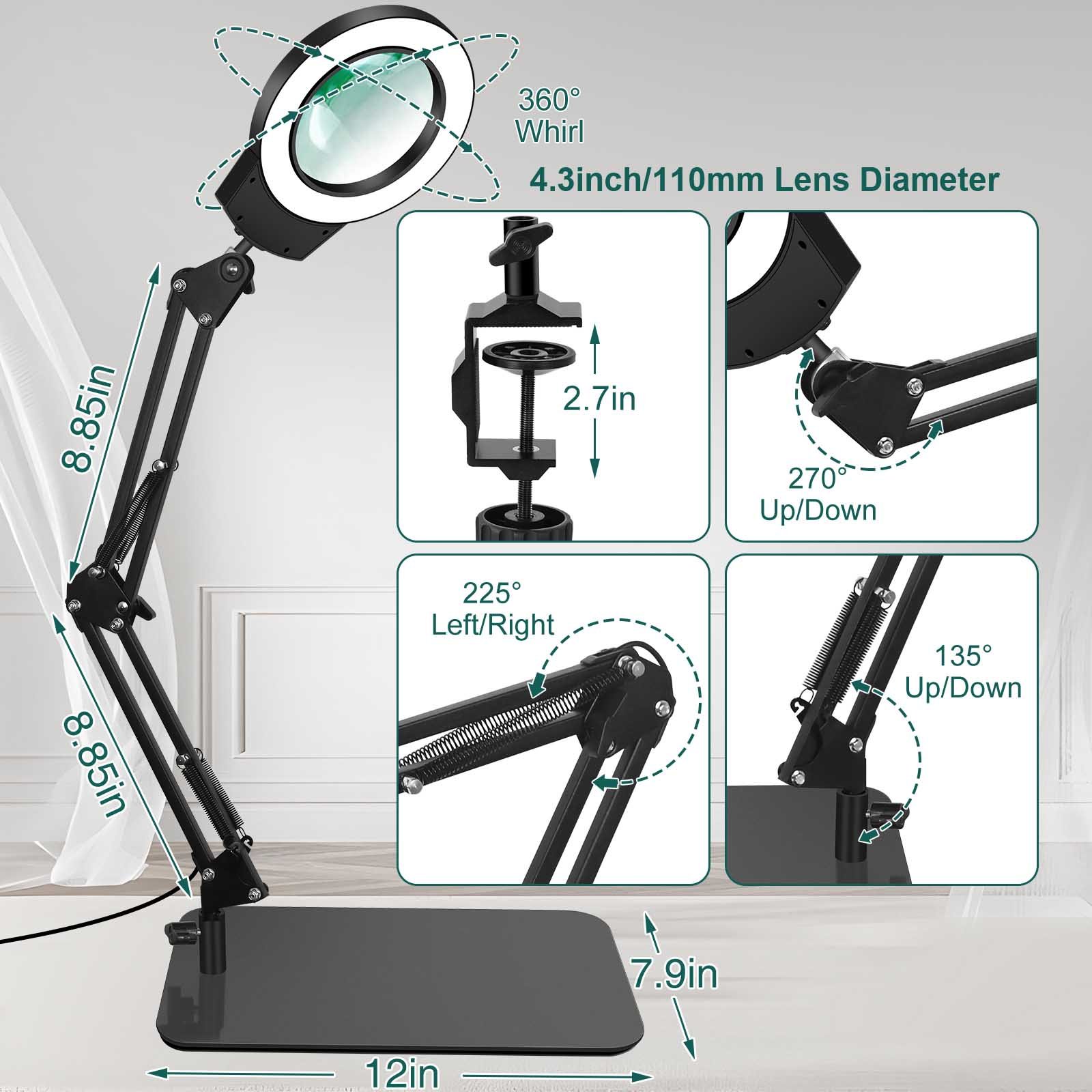 5X LED Magnifying Lamp 1300 Lumens Stepless Dimmable 5 Color Modes Magnifier Desk lamp 5-Diopter 4.3in Real Glass Lens Magnifier