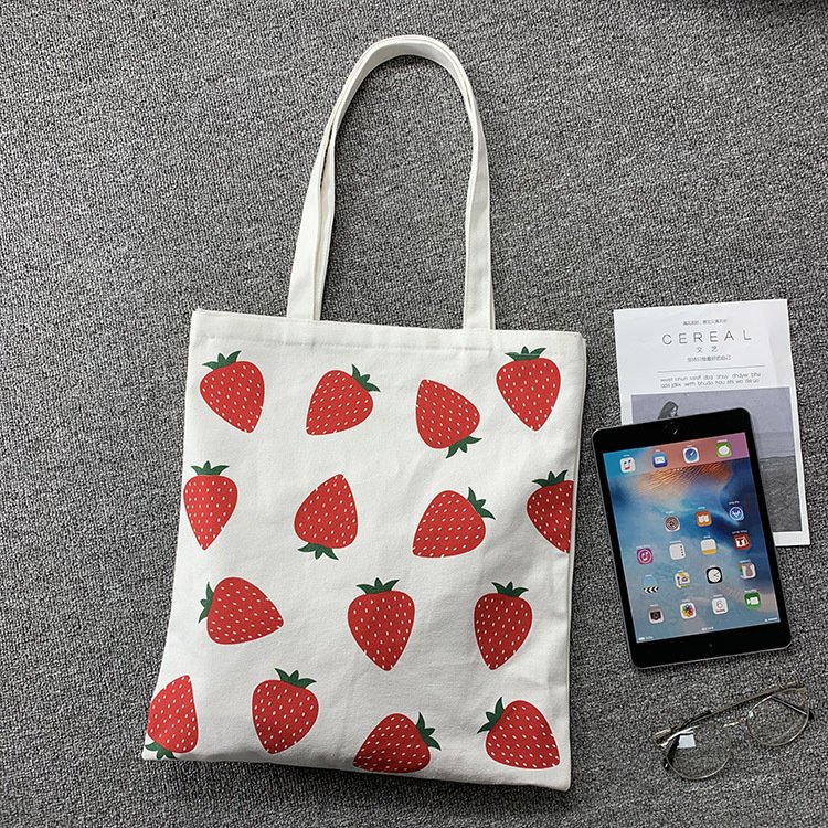 Simple Portable Shoulder Bag Student Strawberry Canvas handbag Women Reusable Shopping Bag Cotton Cloth Tote Bags