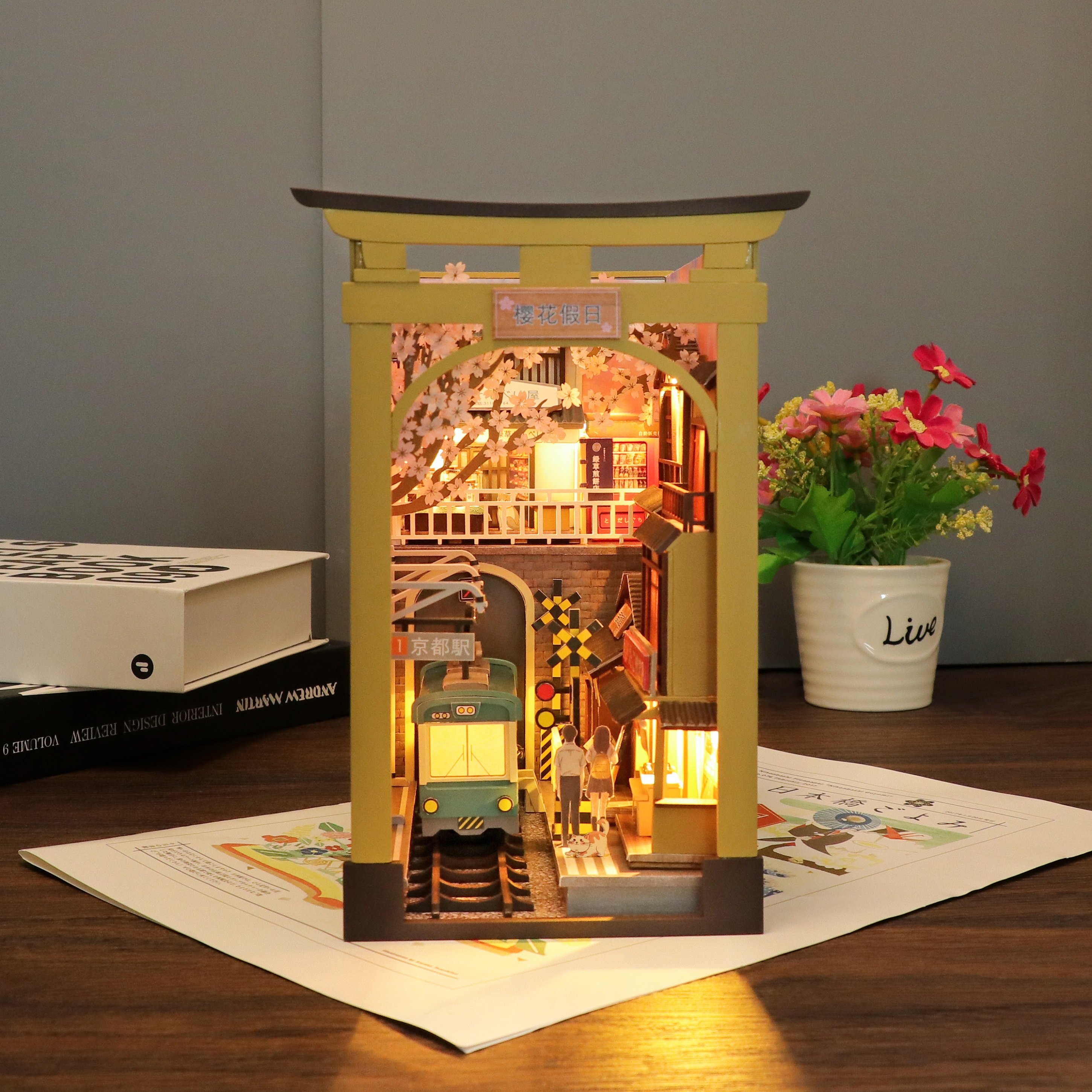 Hongda M2211 Sakura holiday 2023 New diy miniature book nook kit 3d puzzle wooden book nook with light