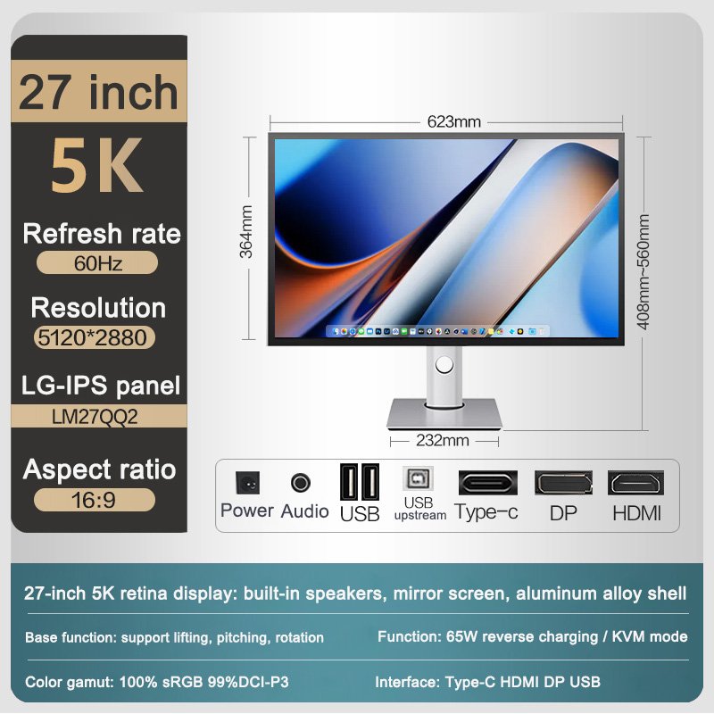 27 Inch UltraFine Mirror Screen 5120x2880 5K 60Hz IPS LCD Retina Monitor Type-C Ports & with macOS For Gaming Business Designers