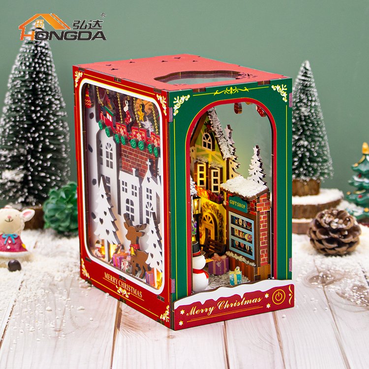 Hongda New Arrival Christmas Style PC2417 Winter of Christmas Wood Book Nook Diy Book Nook Kit With Light