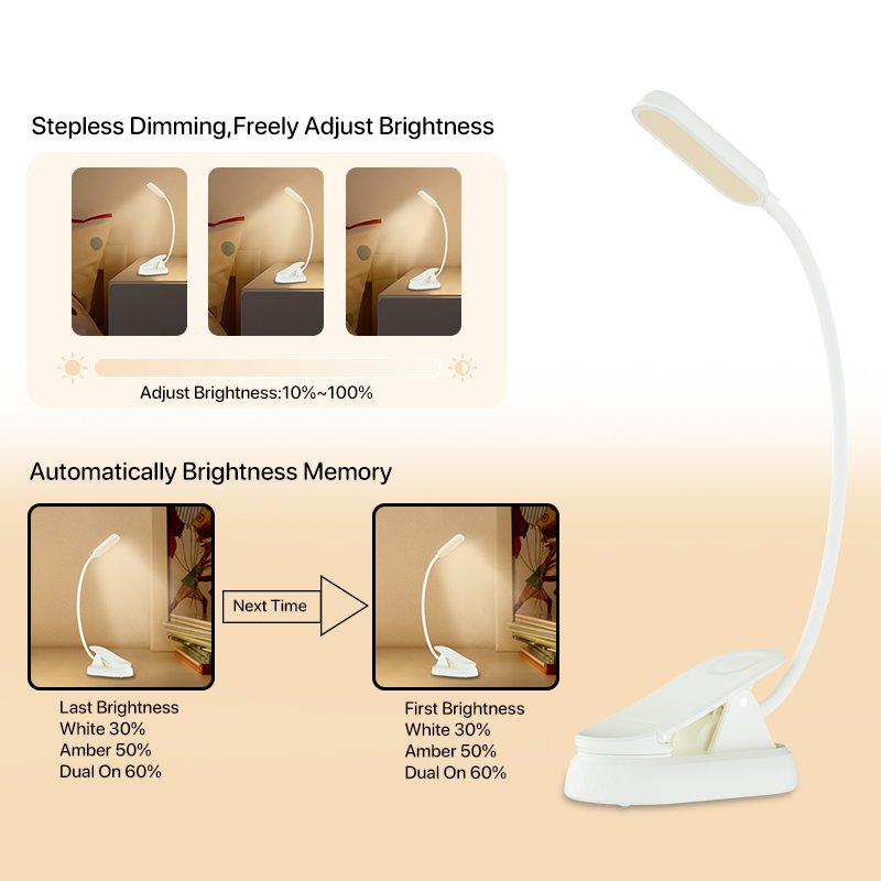 Amazen Hot Sell No Blue Light Led Book Light 3 Color Mode Rechargeable Bed Reading Lights Desk Study Book Lamp