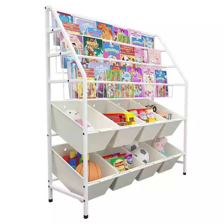 New Design Children Book Shelf Bookcase Metal Toy stacking Organizing Rack With 8 Baskets