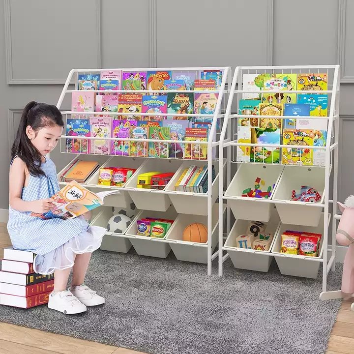 New Design Children Book Shelf Bookcase Metal Toy stacking Organizing Rack With 8 Baskets