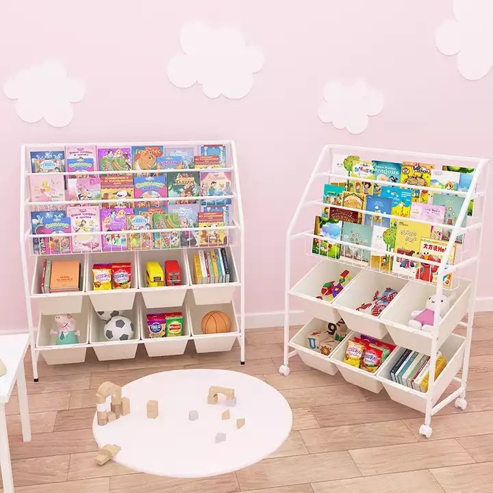 New Design Children Book Shelf Bookcase Metal Toy stacking Organizing Rack With 8 Baskets