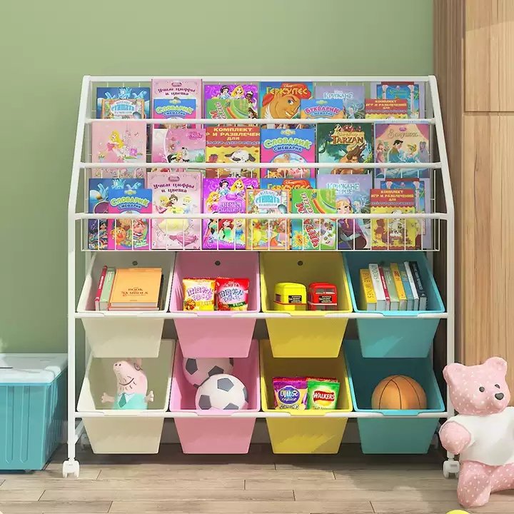 New Design Children Book Shelf Bookcase Metal Toy stacking Organizing Rack With 8 Baskets