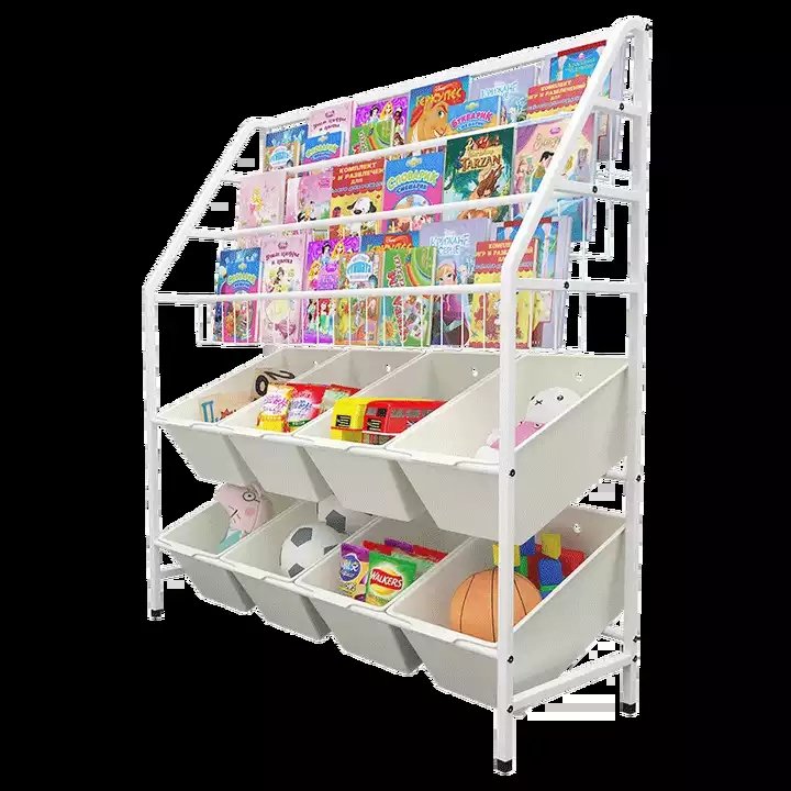 New Design Children Book Shelf Bookcase Metal Toy stacking Organizing Rack With 8 Baskets