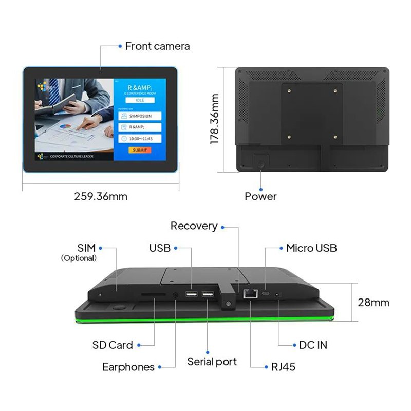 New Custom Wall Mount Android 10.1 13.3 15.6 inch Meeting Room 4G LTE POE RFID NFC 4 Sided RGB LED Light Bars Strips Tablet PC
