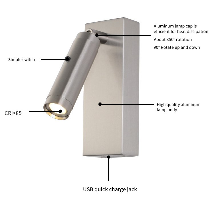 Cross-border spot USB mobile phone charging bedroom 3W bedside lamp hotel open mounted press switch LED reading wall lamp