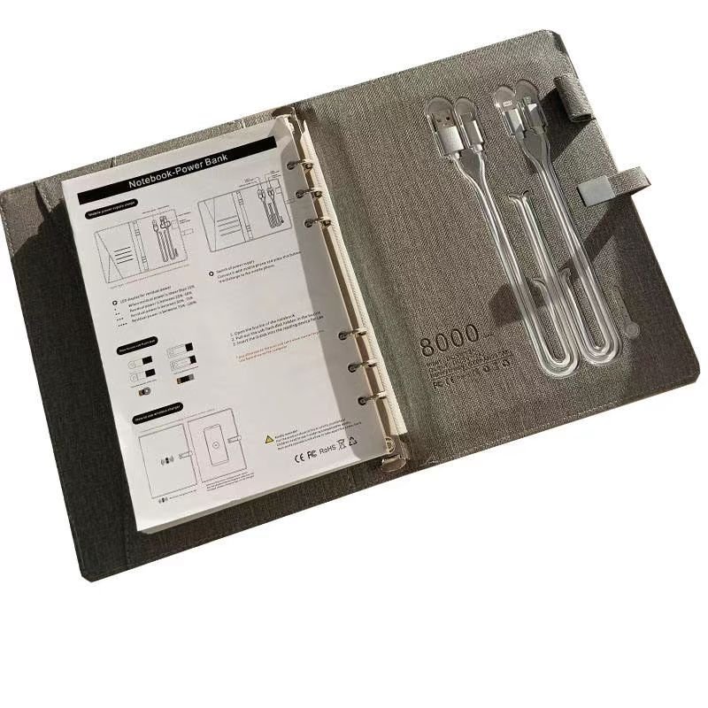 Multifunctional A5 PU Leather Wireless recharging Notebooks Rechargeable diary Customized Lighting Logo Power Bank Notebook
