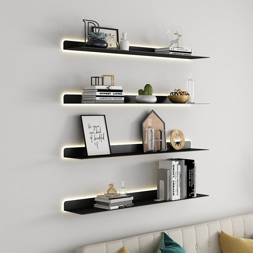 OEM Bathroom TV Living Room Black LED Metal L-Shaped Floating Shelves for Home Storage Organization Racks Shelf