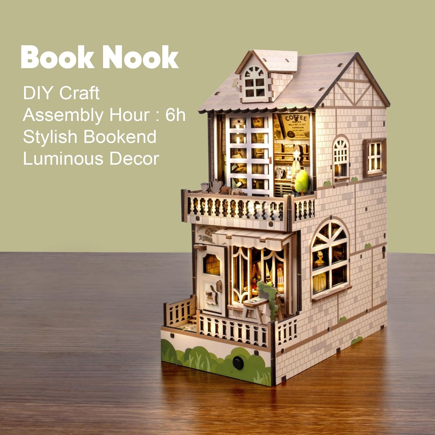 Bookshelf Insert Decor 3D Wooden Puzzle Bookend DIY Craft Kits for Adults with LED Light Coffee house book nook