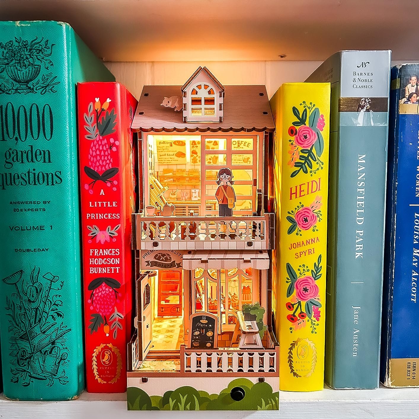 Bookshelf Insert Decor 3D Wooden Puzzle Bookend DIY Craft Kits for Adults with LED Light Coffee house book nook