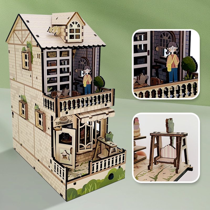 Bookshelf Insert Decor 3D Wooden Puzzle Bookend DIY Craft Kits for Adults with LED Light Coffee house book nook