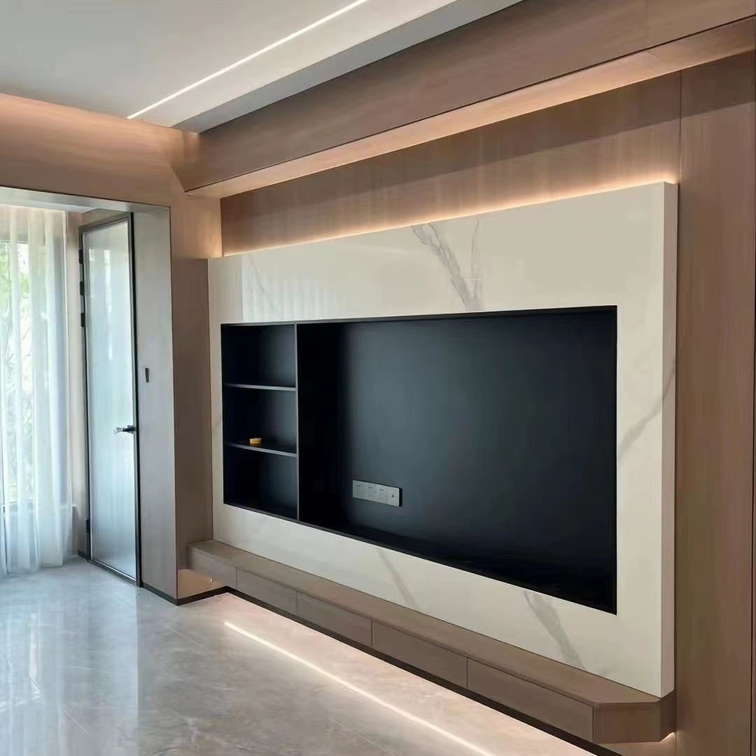 Customizable Sizes Available Wall Metal And Wood Book Shelves With TV Unit Can Be Added With Light Strip For Less Space