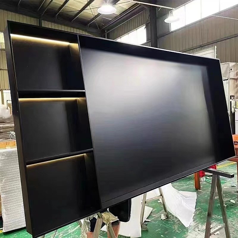 Customizable Sizes Available Wall Metal And Wood Book Shelves With TV Unit Can Be Added With Light Strip For Less Space
