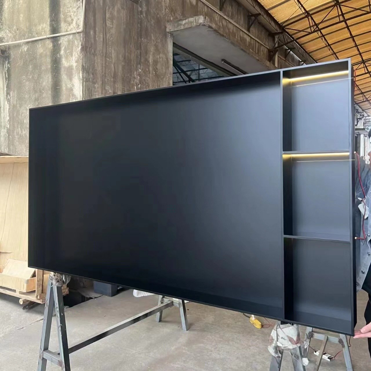 Customizable Sizes Available Wall Metal And Wood Book Shelves With TV Unit Can Be Added With Light Strip For Less Space