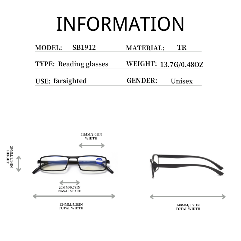 SB1912 1pc True TR Material Squared Frame presbyopia unisex men women blue light blocking corrective eyeglasses Reading Glasses