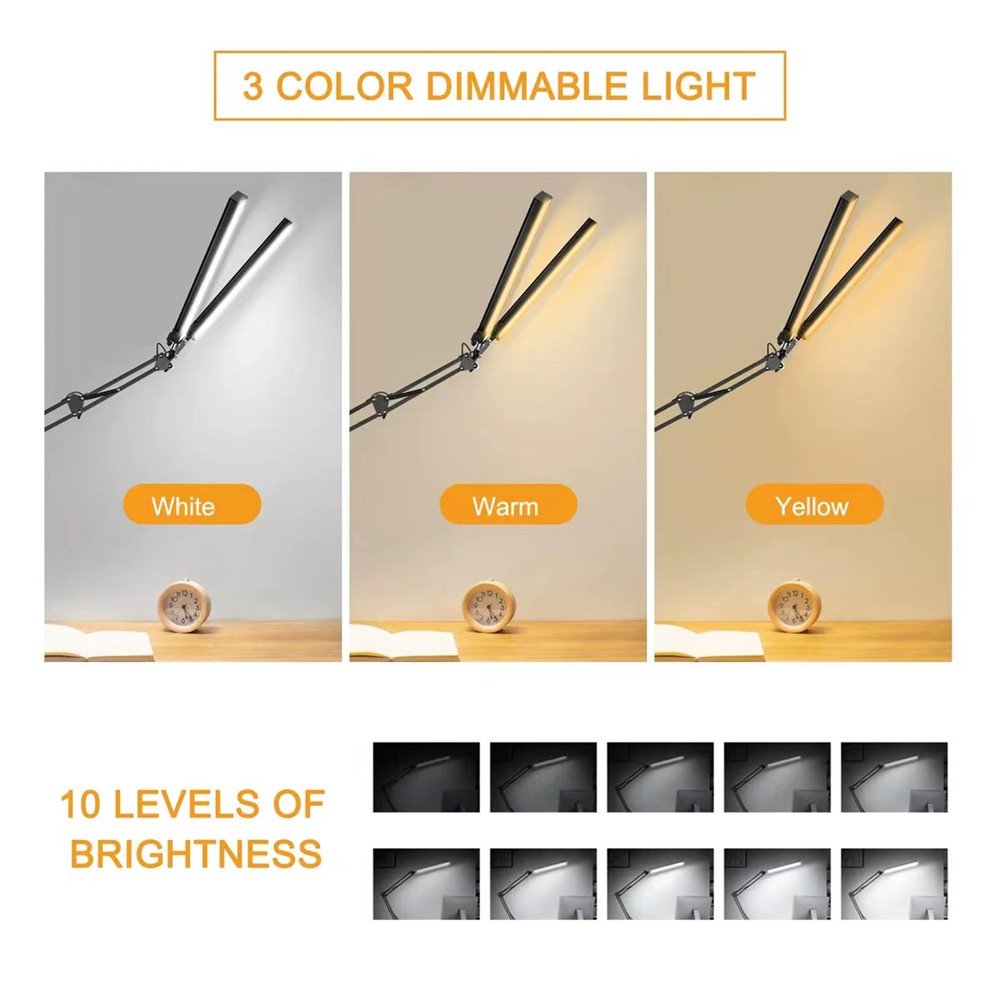 USB Clip-on Metal Modern Table Lamp, Eye-Care Dimmable Reading Light, Swing Arm LED Desk Lamp with Clamp