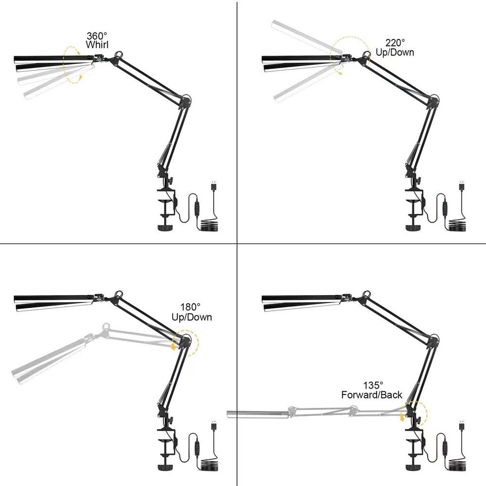 USB Clip-on Metal Modern Table Lamp, Eye-Care Dimmable Reading Light, Swing Arm LED Desk Lamp with Clamp