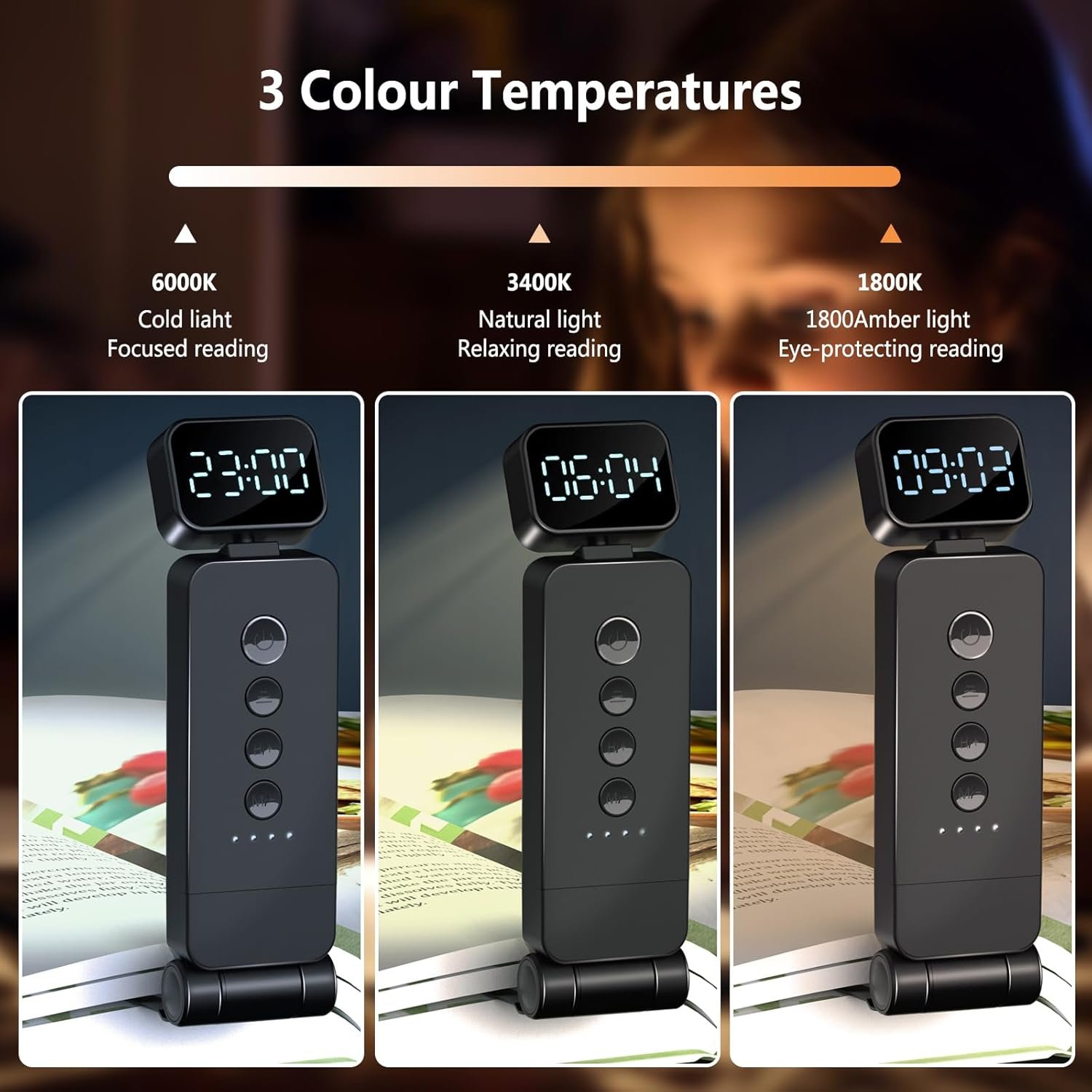 Time display Portable LED Book Night Light Folding Mini Reading Lights USB Rechargeable Clip Bookmark Light