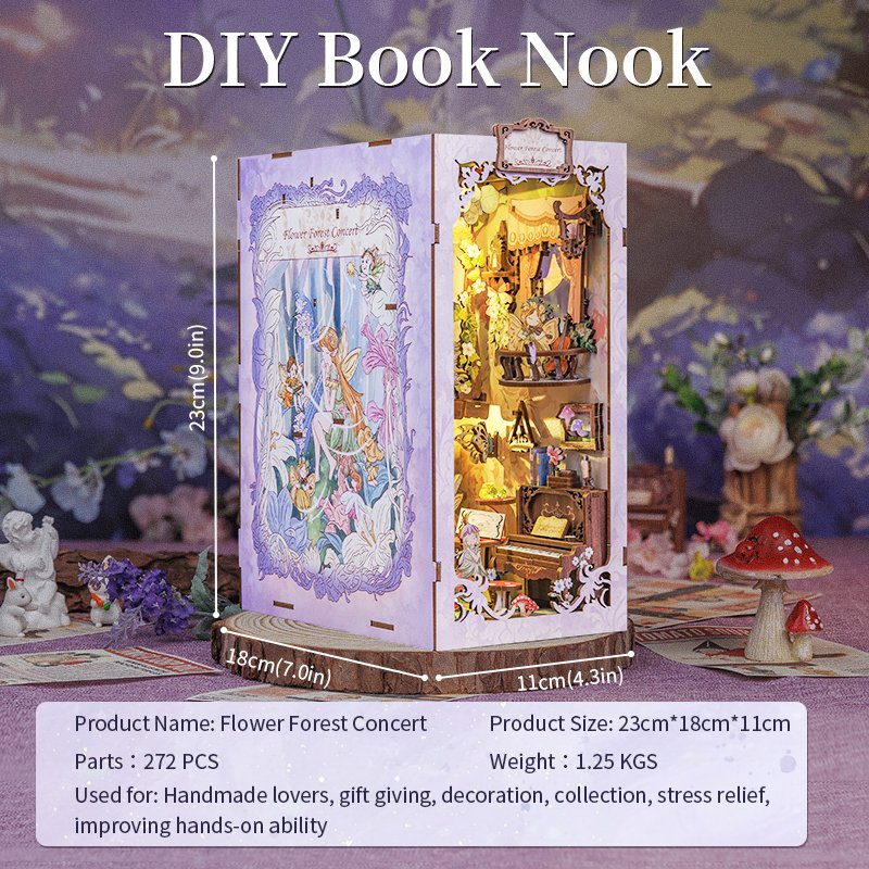 CuteBee 3D Wooden Puzzle Flower Forest Concert Handmade Craft Dollhouse with Light Building Model Doll House for Girls Book nook