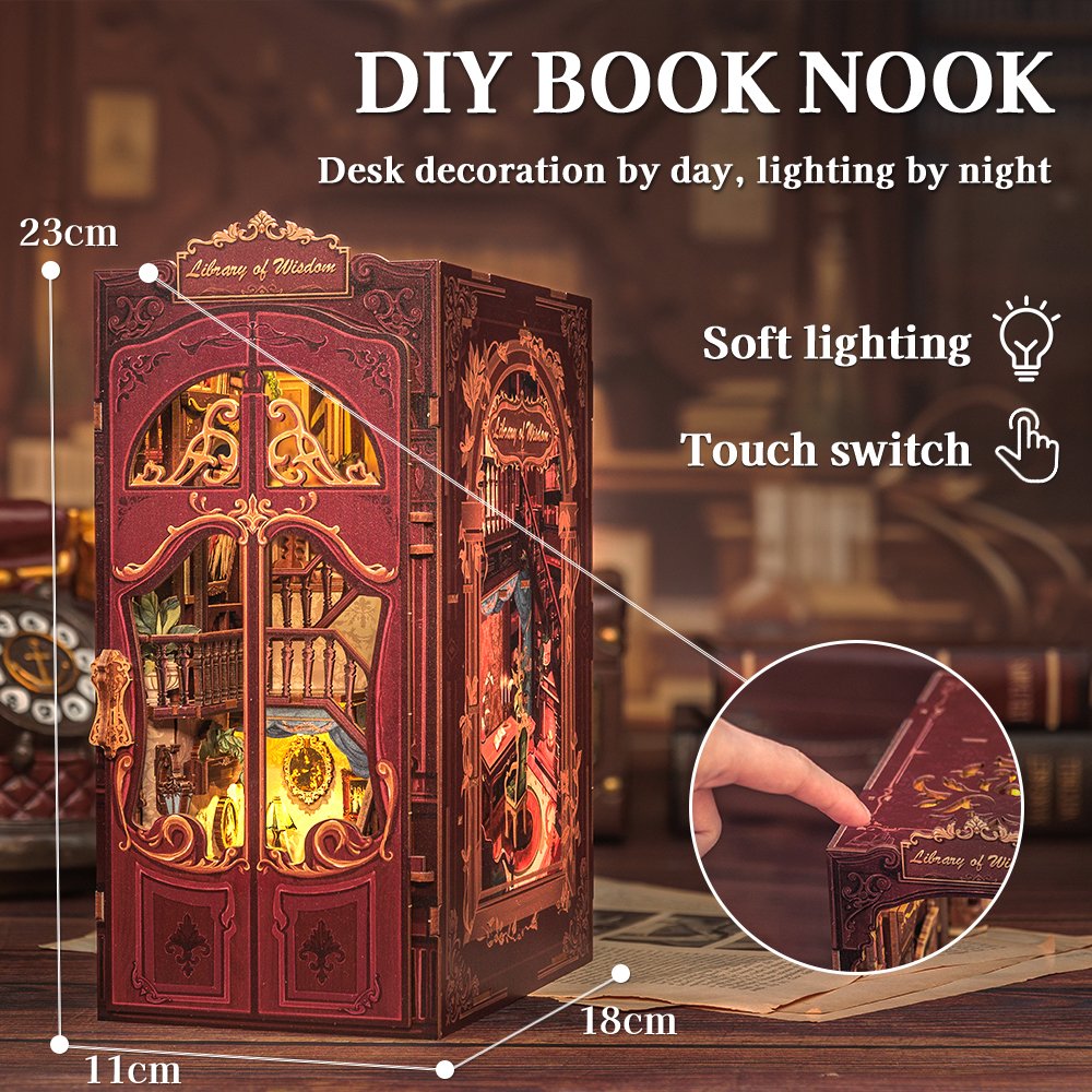 CuteBee New Style 3D Wooden Puzzle Bookshelf Exquisite Decoration Diy Assembled Book Nook with LED Night Light Book Nook Kit