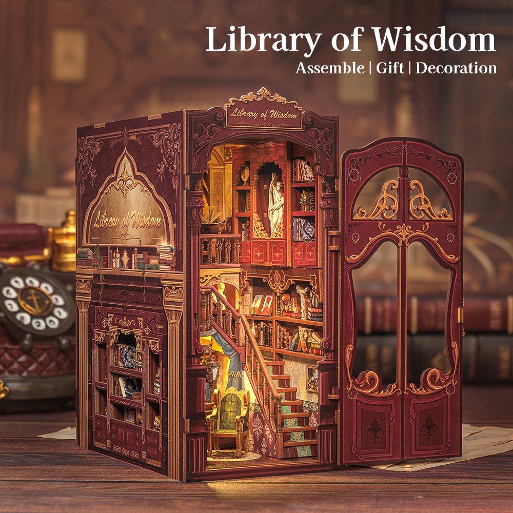 CuteBee New Style 3D Wooden Puzzle Bookshelf Exquisite Decoration Diy Assembled Book Nook with LED Night Light Book Nook Kit