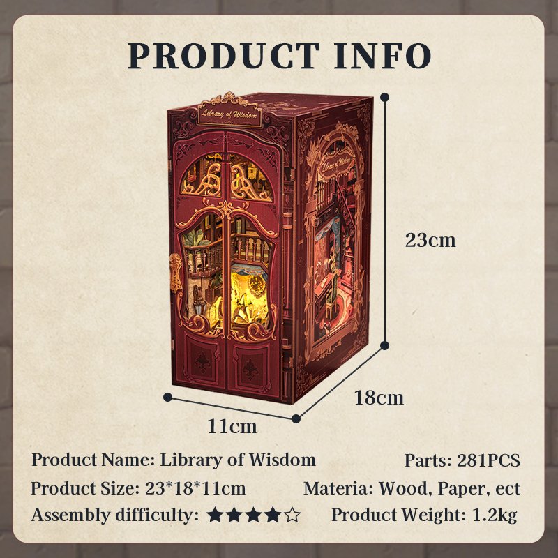 CuteBee New Style 3D Wooden Puzzle Bookshelf Exquisite Decoration Diy Assembled Book Nook with LED Night Light Book Nook Kit