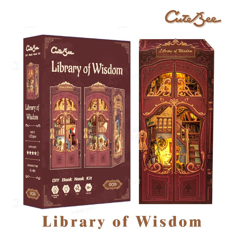 CuteBee New Style 3D Wooden Puzzle Bookshelf Exquisite Decoration Diy Assembled Book Nook with LED Night Light Book Nook Kit