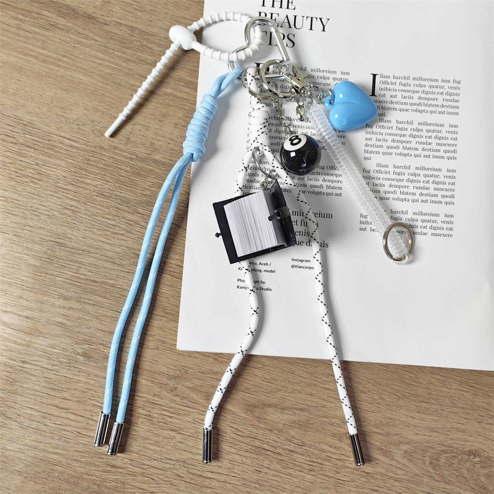 2024 New Punk Girl Series Light Blue Heart Keyring Women Bag Charm Decoration Bible Book Pendant Braided Rope Smile Keychain
