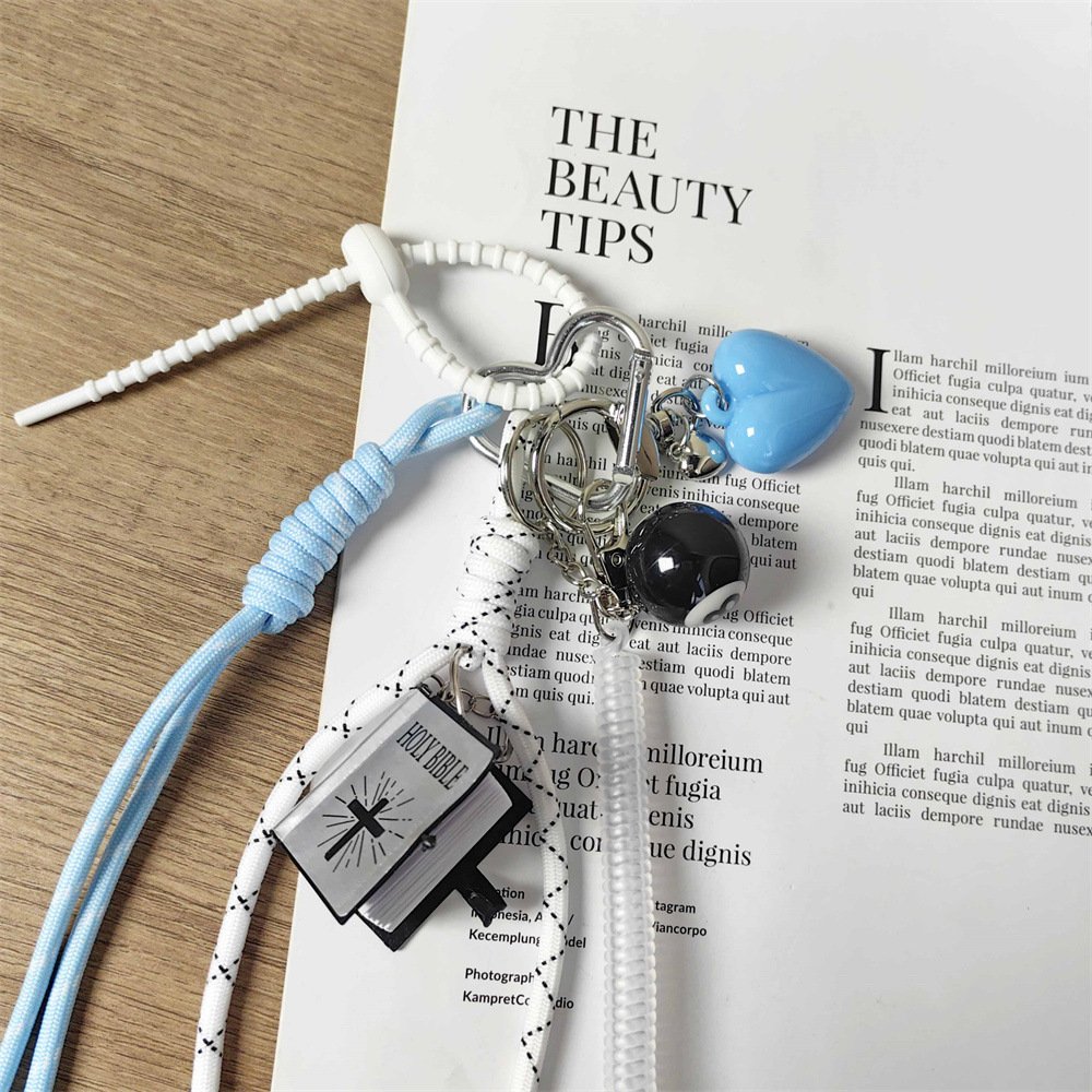 2024 New Punk Girl Series Light Blue Heart Keyring Women Bag Charm Decoration Bible Book Pendant Braided Rope Smile Keychain