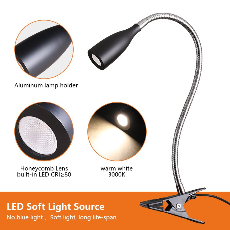 Factory direct sales LED Desk Lamp with Clamp Flexible Gooseneck Arm clip lamp Clip on Desk Bed Headboard and Computers