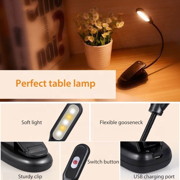 Dimmable Led Reading Light Usb Rechargeable Clip Book Light for Reading In Bed Mini Portable Amber Reading Lamp for Travel