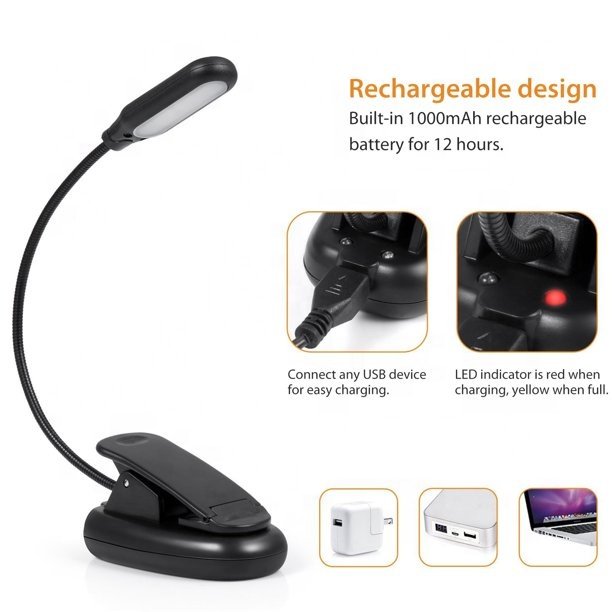 Dimmable Led Reading Light Usb Rechargeable Clip Book Light for Reading In Bed Mini Portable Amber Reading Lamp for Travel