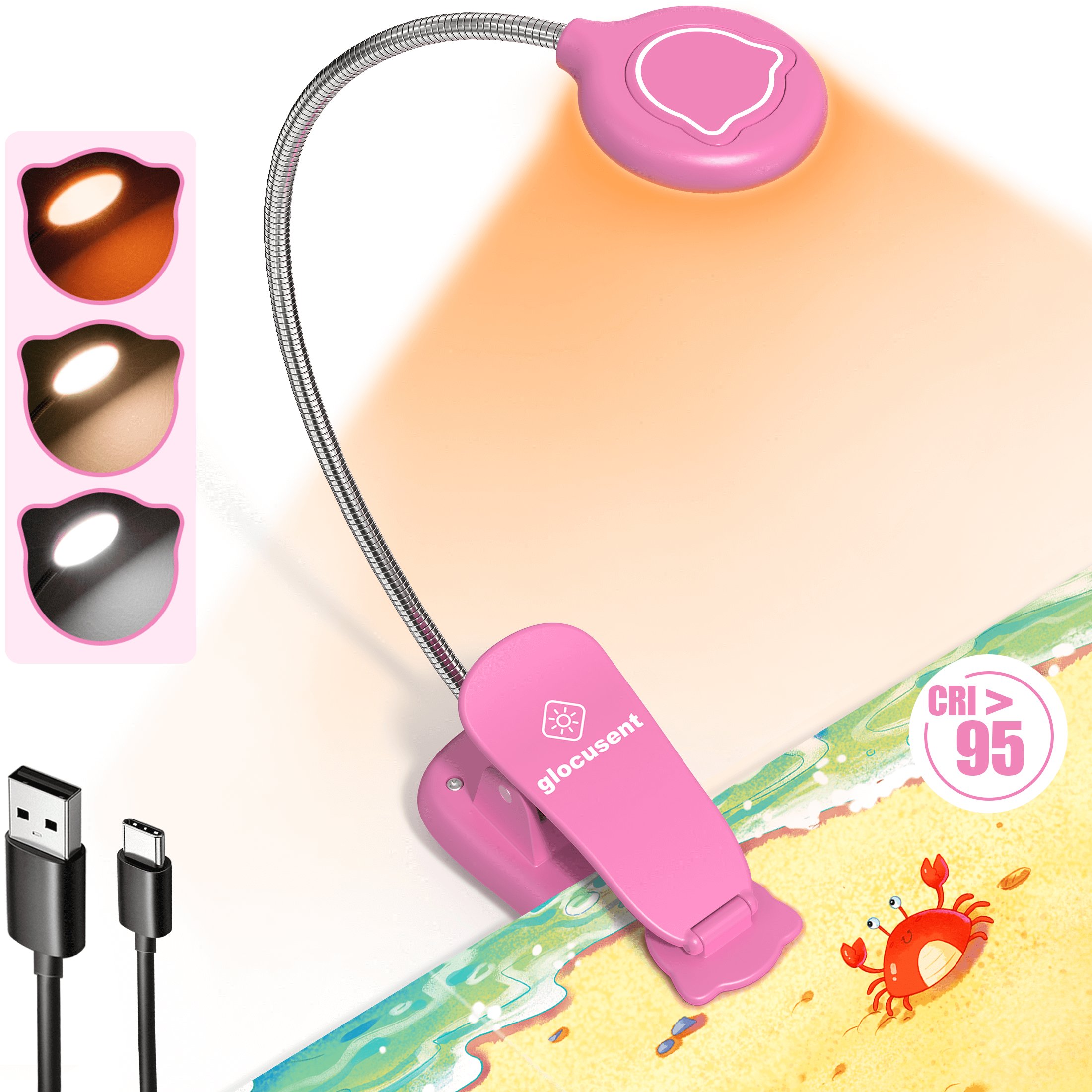 Glocusent wireless dimmable folding kids book lights usb led rechargeable study clip on book reading lights lamp for kids