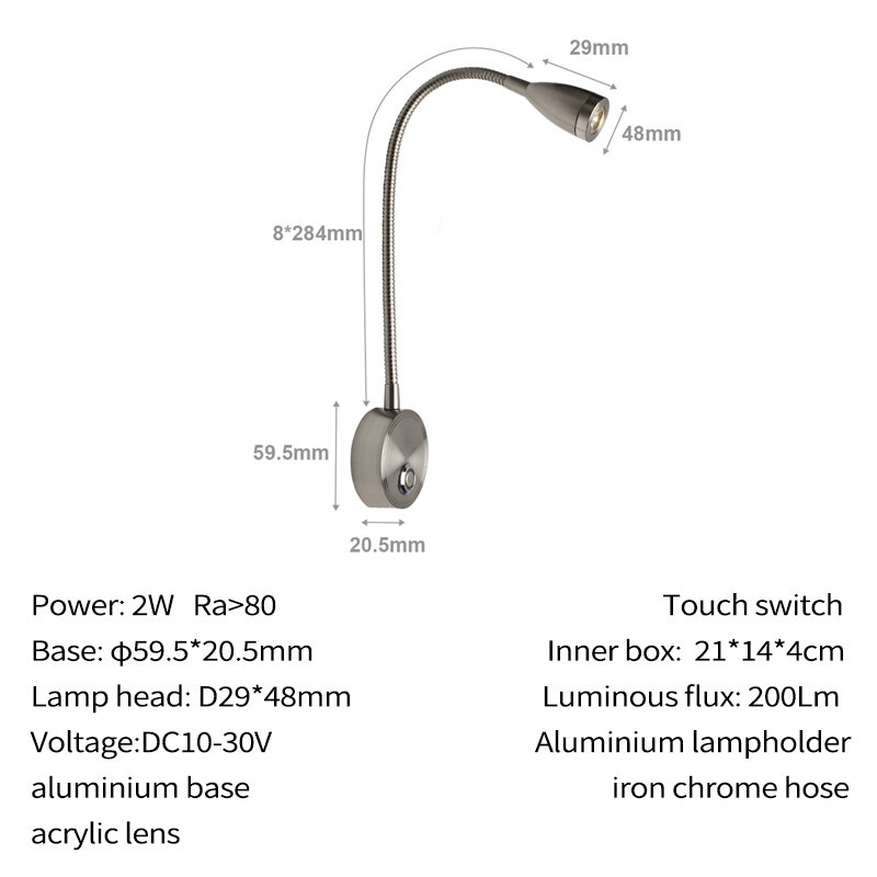 LED RV reading lamp 2w bedroom bedside wall lamp reading lamp book lights for home switch control Snake neck
