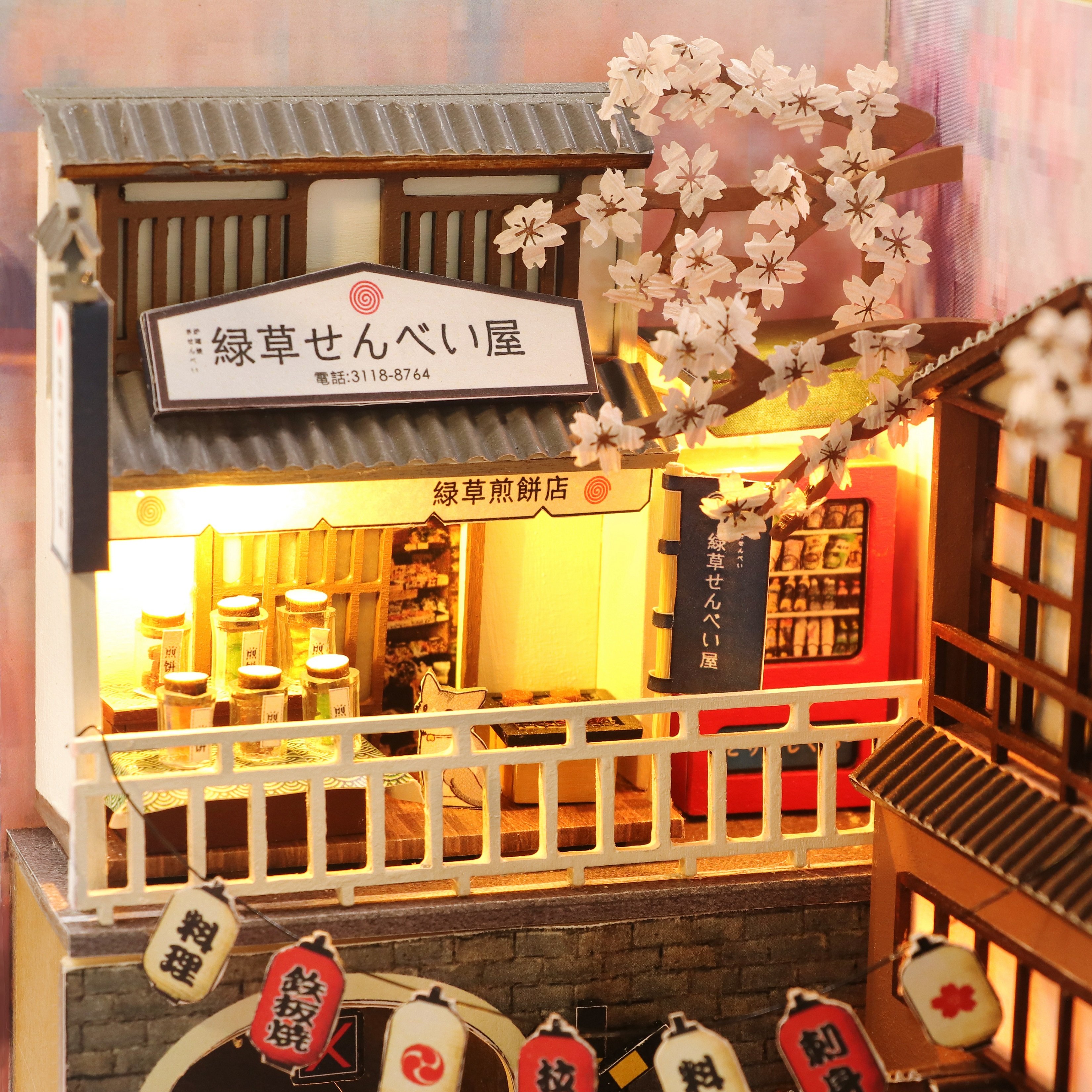 Hongda 2023 new design M2211 Sakura holiday Japanese style book nook diy miniature wooden book nook kit with light