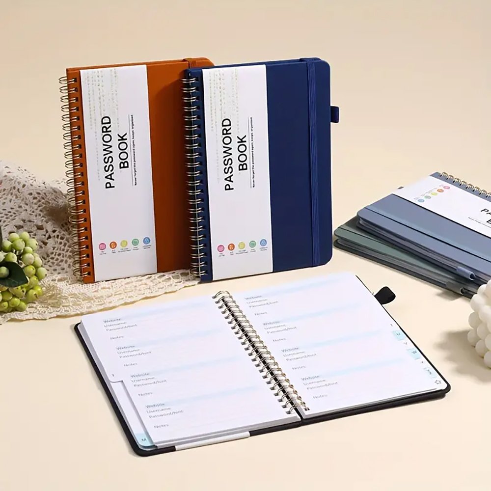 Hot Sale A6/B6 Hardcover Password Address keeper Book With Pen Loop Spiral Pu Leather Password Book For Home Office