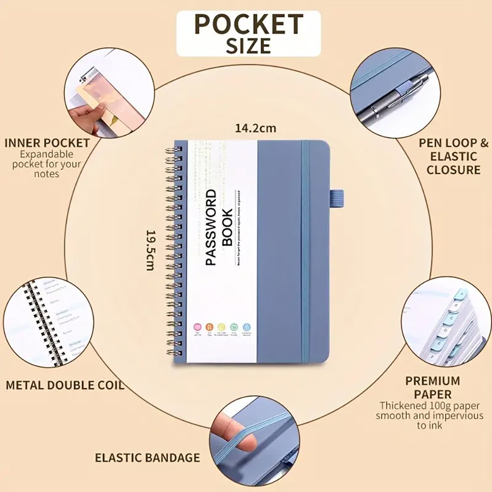 Hot Sale A6/B6 Hardcover Password Address keeper Book With Pen Loop Spiral Pu Leather Password Book For Home Office