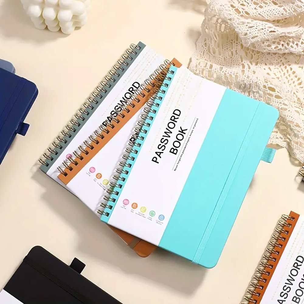 Hot Sale A6/B6 Hardcover Password Address keeper Book With Pen Loop Spiral Pu Leather Password Book For Home Office