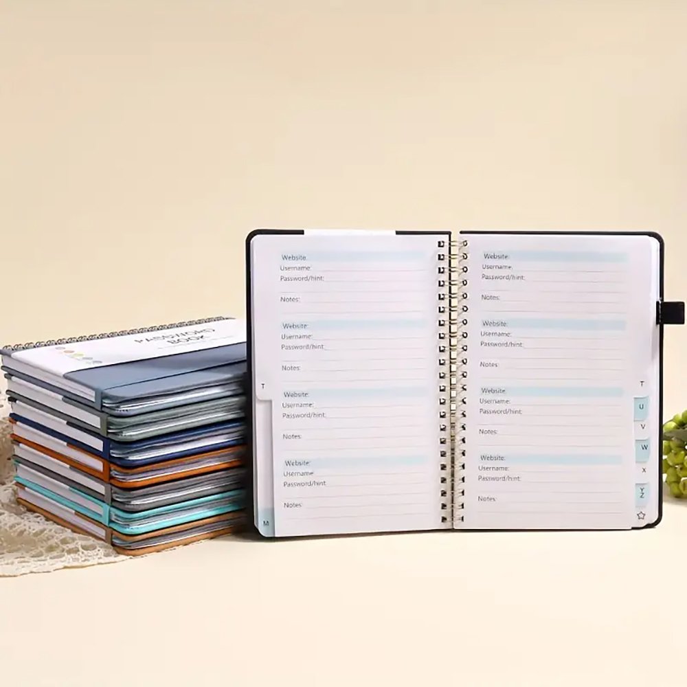 Hot Sale A6/B6 Hardcover Password Address keeper Book With Pen Loop Spiral Pu Leather Password Book For Home Office