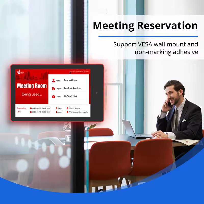 Wall Mount Touch Screen Display Poe Power Surrounding Led Light Bar Meeting Room Android Tablet Pc Booking System